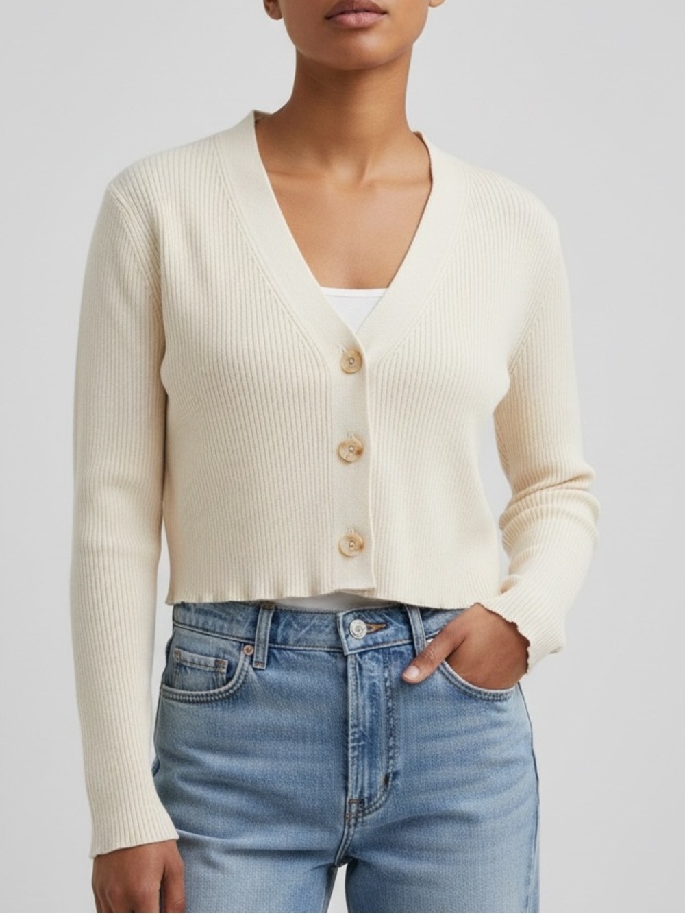 525 America Ribbed V-Neck Button Cardigan Ivory